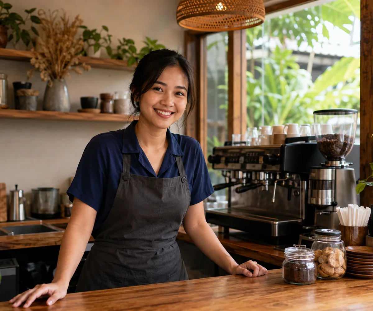 Ilustrasi pemilik kafe di Indonesia yang tersenyum menyambut pelanggan