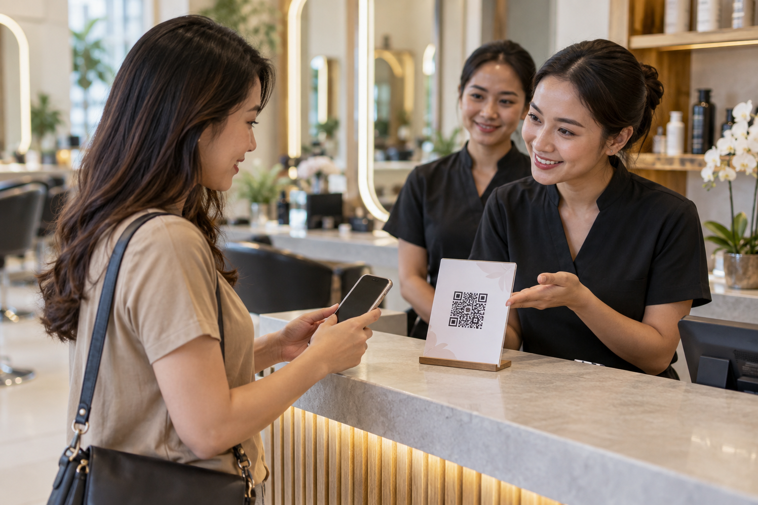 Staf salon Indonesia meminta ulasan pelanggan melalui kartu kode QR